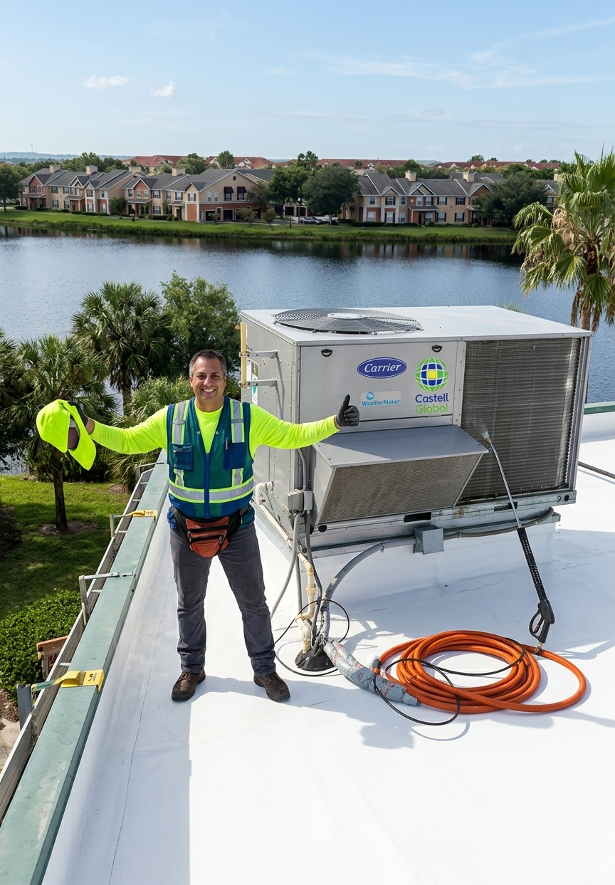 HVAC technician performing rooftop coil maintenance